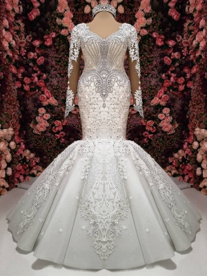Luxury Crystals Mermaid Bridal Gowns | Long Sleeves Chapel Train Wedding Dresses_1