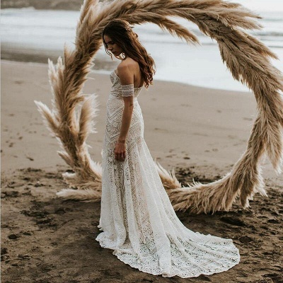Elegnat Ivoire bretelles sirène robe de mariée en dentelle de plage en ligne avec bracelet en dentelle_4