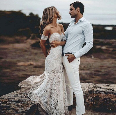 Elegnat marfim sem alças sereia vestido de noiva de praia on-line com pulseira de renda_3