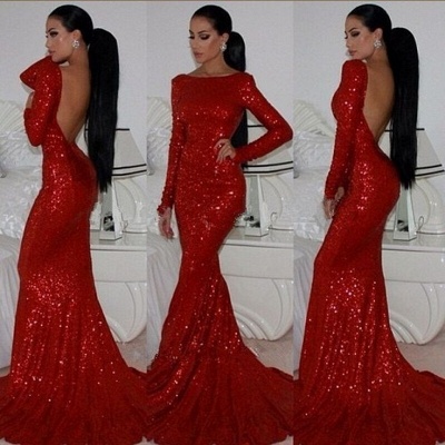Red Evening Dresses Bateau Sequined Prom Dress Long Sleeve Elegant Mermaid Evening Gowns_3