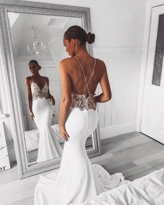 Sexy V-Neck Lace Spaghetti Strap Mermaid Wedding Dress Open Back Bridal Gown_2
