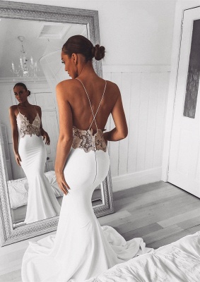 Sexy V-Neck Lace Spaghetti Strap Mermaid Wedding Dress Open Back Bridal Gown_1