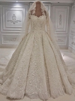 Robe de mariée chère en dentelle 3-D fleurs manches longues robe de bal_1