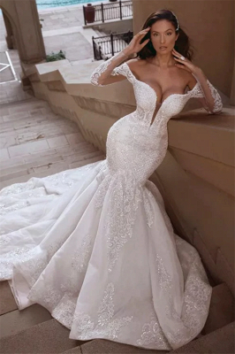 Mangas casquillo sirena tren largo blanco vestidos de novia en línea_1