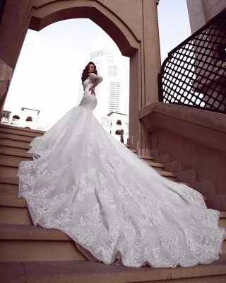 Mangas casquillo sirena tren largo blanco vestidos de novia en línea_2