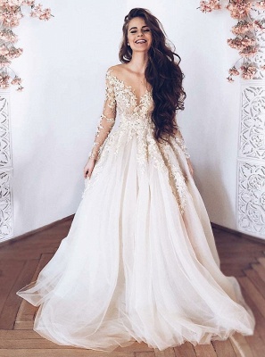 براقة الخامس الرقبة كم طويل تول الرباط يزين فستان زفاف الأميرة_2