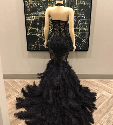 Unique Lace Appliques Halter Feather Prom Dresses | Sleeveless Alluring Fit and Flare Evening Gowns_3