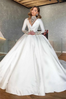 Vestidos de novia de lujo con cuello en V y manga larga con cuello en blanco en línea_1