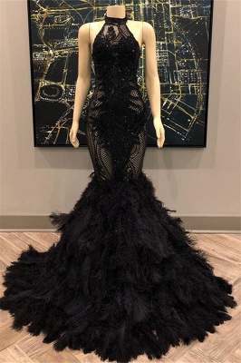 Unique Lace Appliques Halter Feather Prom Dresses | Sleeveless Alluring Fit and Flare Evening Gowns_1