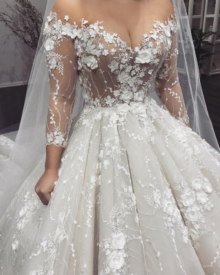 Sexy Crew Neck Long Sleeve Princess Bridal Gowns|2021 Lace Appliques Wedding Dress_3