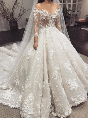 Sexy Crew Neck Long Sleeve Princess Bridal Gowns|2021 Lace Appliques Wedding Dress_1