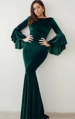 Glamorous Emerald Green Mermaid Velvet Prom Dresses Online | Flare Sleeve Vintage Evening Dresses_2