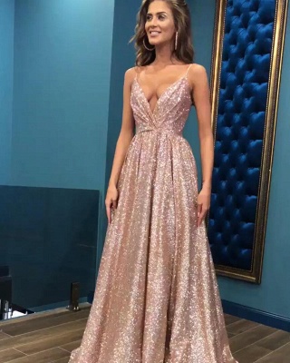 Sexy Sequins Simple Spaghetti Straps Evening Dresses | 2021 Open Back Sleeveless Prom Dress_1