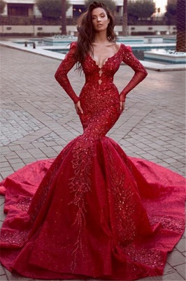 Stunning Long Sleeves Mermaid Evening Dresses with Train | Hot Backless Lace Crystal Prom Dresses BC0669_1