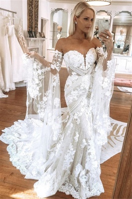 Elegant Sweetheart White Lace Wedding Dresses with Church Train_1