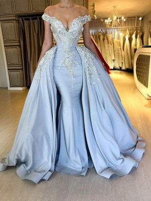 Robes de bal bleu sirène sexy manches courtes 2021 | Robes de soirée cristal overskirt en ligne_3