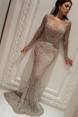 Elegant Long Sleeve Sparkly Prom Dresses | Wholesale Fit and Flare Beads Evening Gowns with Nude Lining BC0528_1
