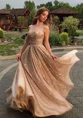 Open Back Champagne Gold Sequins Prom Dresses 2021 | Sleeveless Sexy Evening Gowns BC0562_1