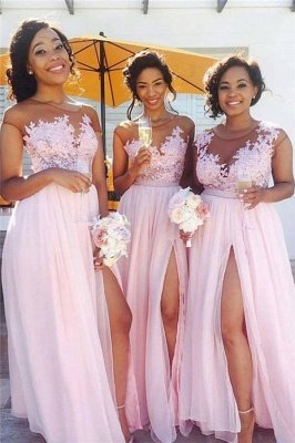 Pink Lace Chiffon Sexy Bridesmaid Dresses Splits Long Dress for Maid of Honor Online BA6919_1