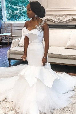 One shoulder White Mermaid Bridal Gowns with Ruffle Train ...