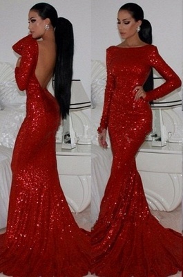 Red Evening Dresses Bateau Sequined Prom Dress Long Sleeve Elegant Mermaid Evening Gowns_1