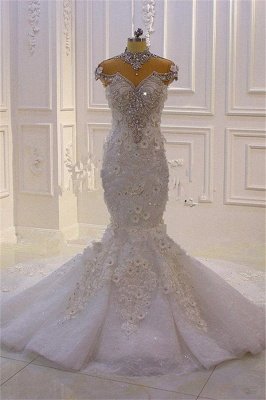Delicate Sleeveless Beading Sheer Tulle Appliques Mermaid Sparkling Wedding Dresses_5
