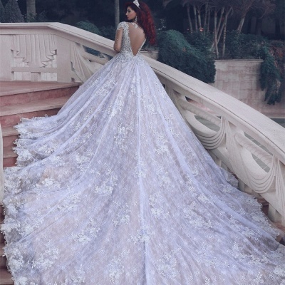 Vintage Luxury Muslim Crystal Beading Cathedral-Train Sheer Lace Wedding Dress_2