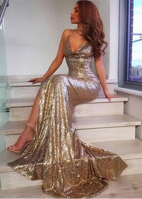 V-Neck Sequins Prom Dress | Mermaid Evening Dress With Slit_1