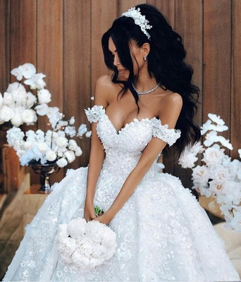 Off Плечевые аппликации Роскошные свадебные платья Princess Ball Gown Sexy Bride Dress_1