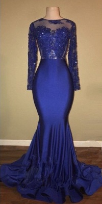 Sexy Open Back Royal Blue Real Model Prom Dresses | Lace Long Sleeve Mermaid Evening Gown BA7863_3