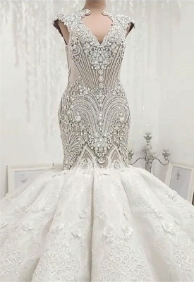 New Arrival V Neck Cap Sleeve Beads Crystals Mermaid Wedding Dress Lace Applique_4