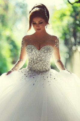 Luxury Crystals Beading Long Sleeves Ball-Gown Wedding Dresses_3