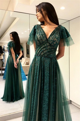 Dark Green Princess Short Sleeves Long Prom Dresses | V-Neck Lace Evening Dresses with Soft Pleats_2