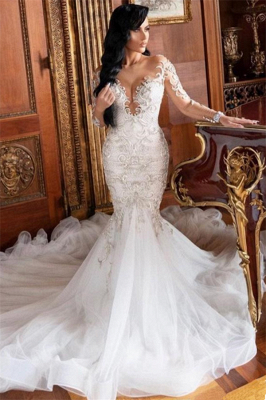 Летнее свадебное платье с длинными рукавами и V-образным вырезом Русалка с скользящим шлейфом_1
