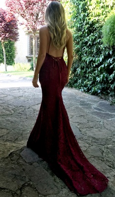 Sexy Open Back Burgundy Lace Formal Evening Dresses V-neck Backless Mermaid Prom Dress_3