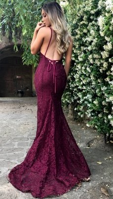 Sexy Open Back Burgundy Lace Formal Evening Dresses V-neck Backless Mermaid Prom Dress_4