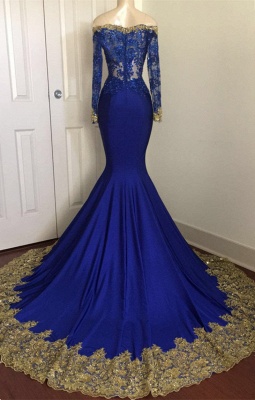 С открытыми плечами королевские синие платья выпускного вечера | Сексуальное вечернее платье с рукавами золотого кружева BA8283_4