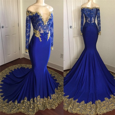 Off The Shoulder Royal Blue Prom Dresses | Gold Lace Appliques Sexy ...