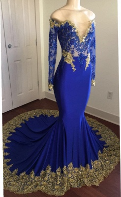 С открытыми плечами королевские синие платья выпускного вечера | Сексуальное вечернее платье с рукавами золотого кружева BA8283_1