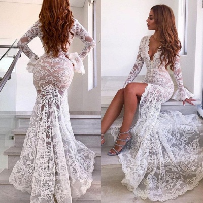 Sexy Long Sleeve V-Neck Prom Dress | Lace Evening Party Dress With Slit_5